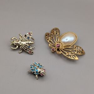 Vintage Rhinestone Bug Brooch Lot 3pcs Crystals Gold Tone Pins Avon Weiss